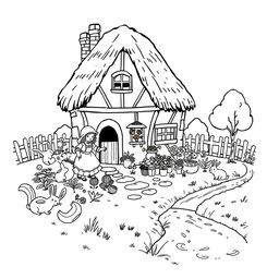 A whimsical and adorable illustration of a medieval house, featuring a cozy design with a thatched roof and charming details