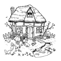 A whimsical and adorable illustration of a medieval house, featuring a cozy design with a thatched roof and charming details