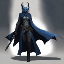 A high-quality digital art image of a female tiefling rogue with dark blue skin, gray hair, and gray eyes