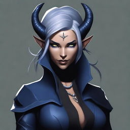 A high-quality digital art image of a female tiefling rogue with dark blue skin, gray hair, and gray eyes