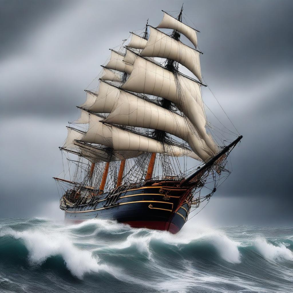 A high-quality digital art image depicting an old grand sailing ship, leaning at a 45-degree angle, battling against an extremely agitated ocean with towering waves