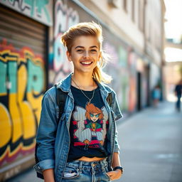 A stylish, attractive teenager with a confident demeanor, smiling while standing in an urban environment