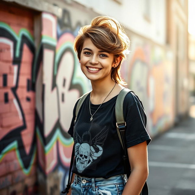 A stylish, attractive teenager with a confident demeanor, smiling while standing in an urban environment