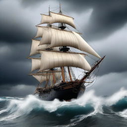 A high-quality digital art image depicting an old grand sailing ship, leaning at a 45-degree angle, battling against an extremely agitated ocean with towering waves