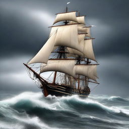 A high-quality digital art image depicting an old grand sailing ship, leaning at a 45-degree angle, battling against an extremely agitated ocean with towering waves