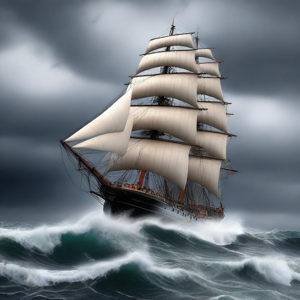 A high-quality digital art image depicting an old grand sailing ship, leaning at a 45-degree angle, battling against an extremely agitated ocean with towering waves