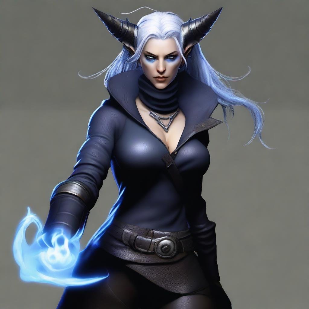 A realistic, high-quality digital art image showcasing a female tiefling rogue with blue skin, gray hair, and gray eyes