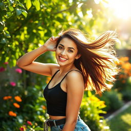 A vibrant, confident young woman with a stylish outfit poses playfully in a lush outdoor setting, surrounded by colorful flowers and greenery