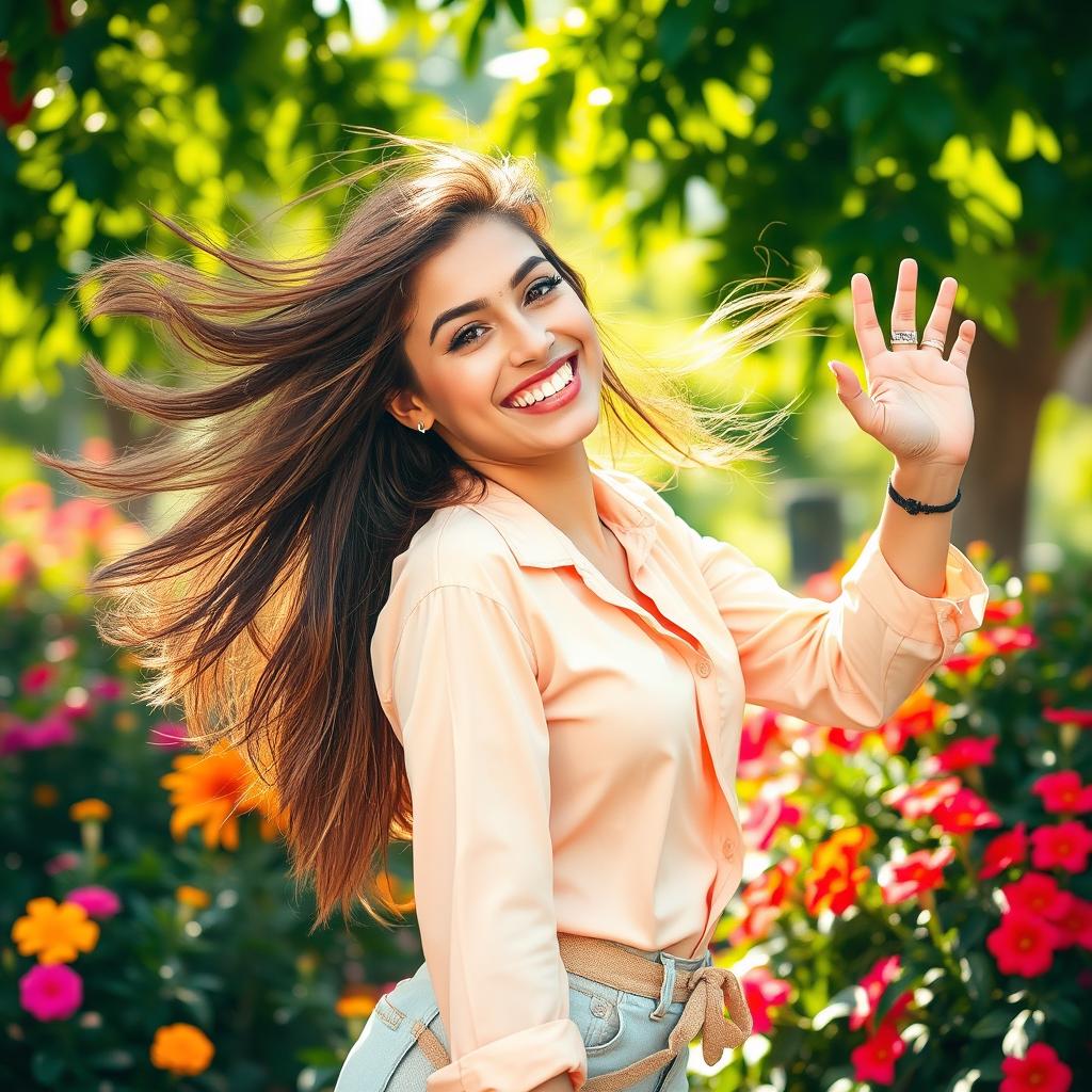 A vibrant, confident young woman with a stylish outfit poses playfully in a lush outdoor setting, surrounded by colorful flowers and greenery