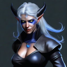 A realistic, high-quality digital art image showcasing a female tiefling rogue with blue skin, gray hair, and gray eyes