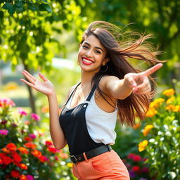 A vibrant, confident young woman with a stylish outfit poses playfully in a lush outdoor setting, surrounded by colorful flowers and greenery