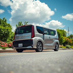 A sleek, modern Toyota Probox parked on a scenic street, surrounded by lush greenery and vibrant flowers
