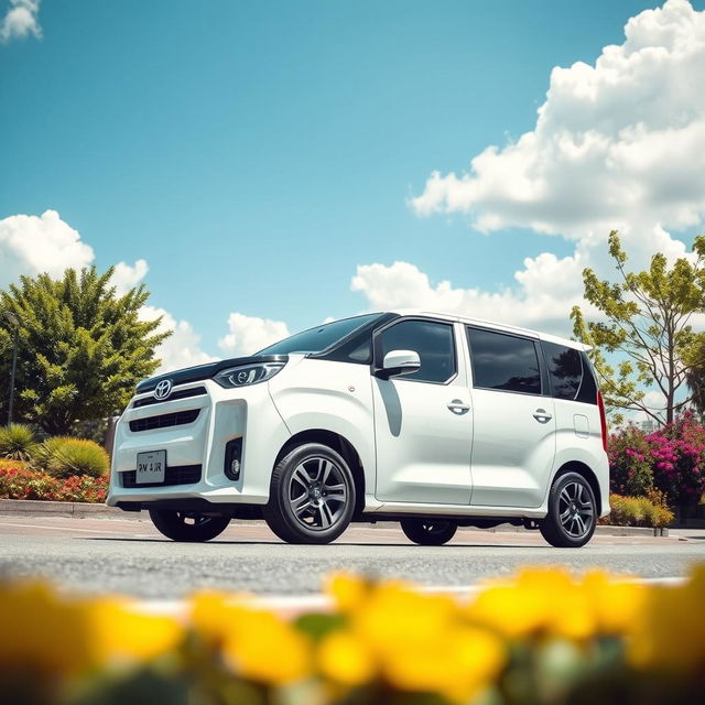 A sleek, modern Toyota Probox parked on a scenic street, surrounded by lush greenery and vibrant flowers