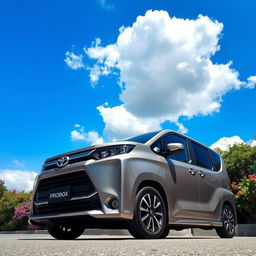 A sleek, modern Toyota Probox parked on a scenic street, surrounded by lush greenery and vibrant flowers