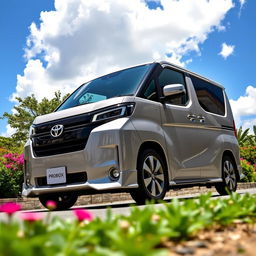 A sleek, modern Toyota Probox parked on a scenic street, surrounded by lush greenery and vibrant flowers
