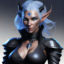 A realistic, high-quality digital art image showcasing a female tiefling rogue with blue skin, gray hair, and gray eyes