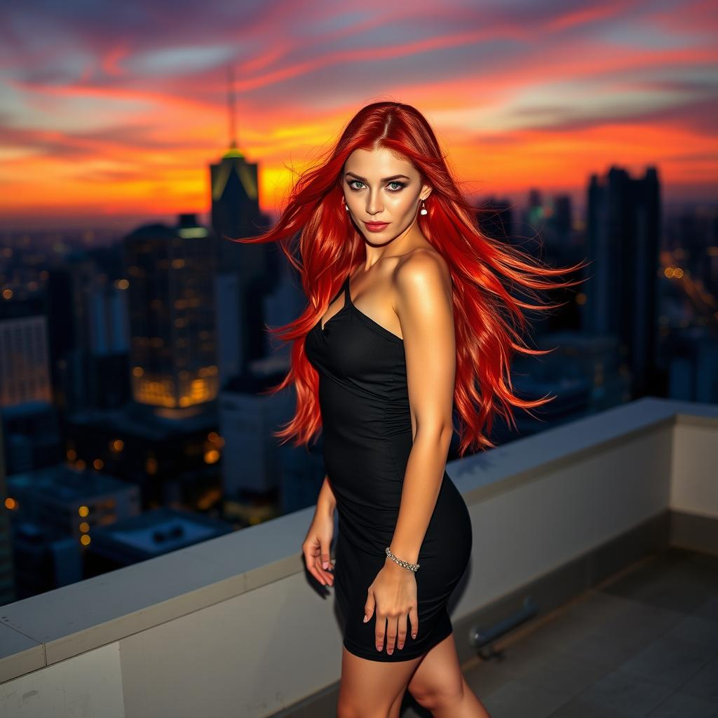 A stunning and alluring woman with long, flowing red hair, wearing a form-fitting, elegant black dress that accentuates her curves