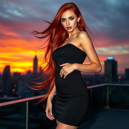 A stunning and alluring woman with long, flowing red hair, wearing a form-fitting, elegant black dress that accentuates her curves