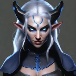 A realistic, high-quality digital art image showcasing a female tiefling rogue with blue skin, gray hair, and gray eyes