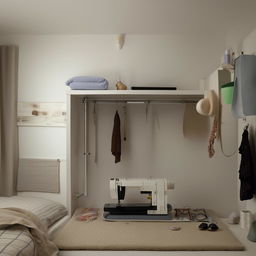 Visualize a well-organized single room where a comfortable mattress, a shoe rack, a television stand, a clothing box, a sewing machine, and a mini drawer are placed strategically and aesthetically.