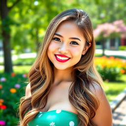 A stunning portrait of a confident young woman with a captivating smile, showcasing her vibrant personality and youthful energy