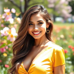 A stunning portrait of a confident young woman with a captivating smile, showcasing her vibrant personality and youthful energy