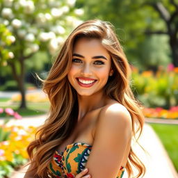 A stunning portrait of a confident young woman with a captivating smile, showcasing her vibrant personality and youthful energy