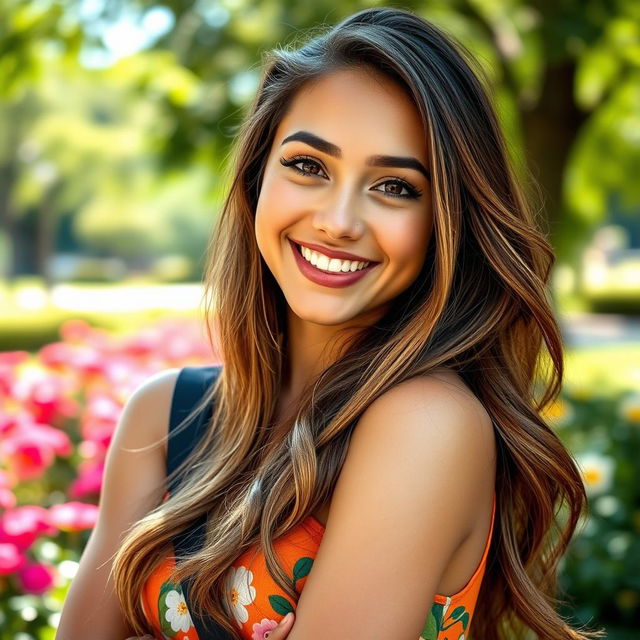 A stunning portrait of a confident young woman with a captivating smile, showcasing her vibrant personality and youthful energy