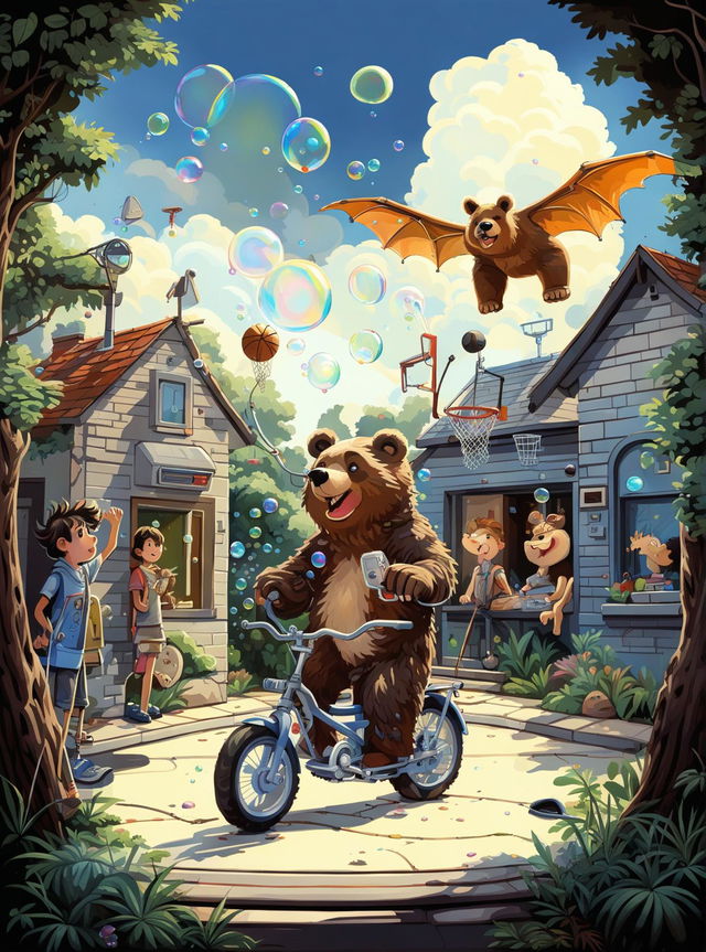 A high-quality digital art image depicts a whimsical scene of a bear riding a bike past bungalows