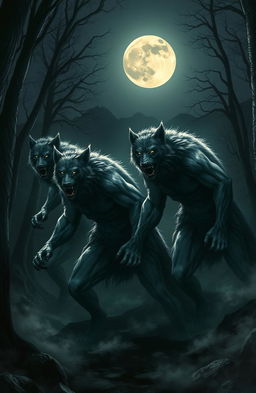 A dramatic full moon night scene featuring a group of men transforming into powerful werewolves