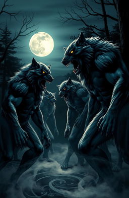 A dramatic full moon night scene featuring a group of men transforming into powerful werewolves