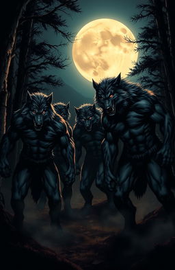 A dramatic full moon night scene featuring a group of men transforming into powerful werewolves
