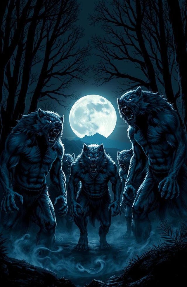 A dramatic full moon night scene featuring a group of men transforming into powerful werewolves