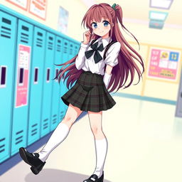 A visually striking illustration of an attractive schoolgirl with an emphasis on her outfit and hairstyle, featuring a plaid skirt and a crisp white blouse, complemented with knee-high socks and black shoes