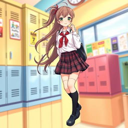 A visually striking illustration of an attractive schoolgirl with an emphasis on her outfit and hairstyle, featuring a plaid skirt and a crisp white blouse, complemented with knee-high socks and black shoes