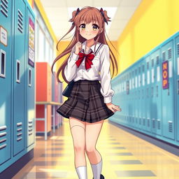 A visually striking illustration of an attractive schoolgirl with an emphasis on her outfit and hairstyle, featuring a plaid skirt and a crisp white blouse, complemented with knee-high socks and black shoes