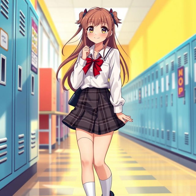 A visually striking illustration of an attractive schoolgirl with an emphasis on her outfit and hairstyle, featuring a plaid skirt and a crisp white blouse, complemented with knee-high socks and black shoes