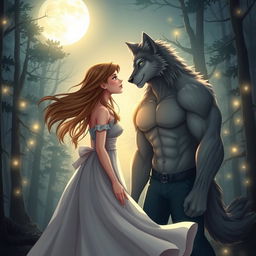 A romantic scene depicting a love story between a human girl and a handsome werewolf