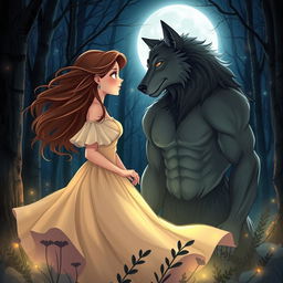 A romantic scene depicting a love story between a human girl and a handsome werewolf
