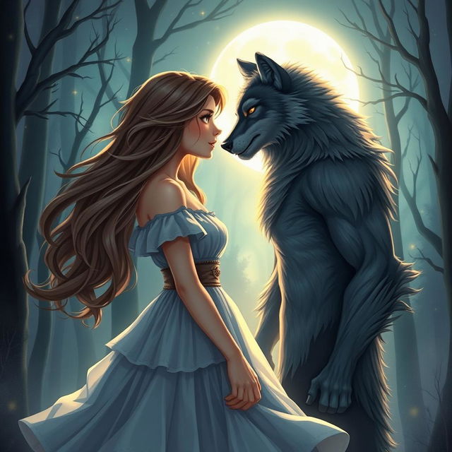 A romantic scene depicting a love story between a human girl and a handsome werewolf