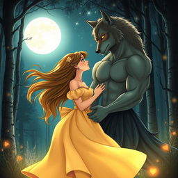 A romantic scene depicting a love story between a human girl and a handsome werewolf