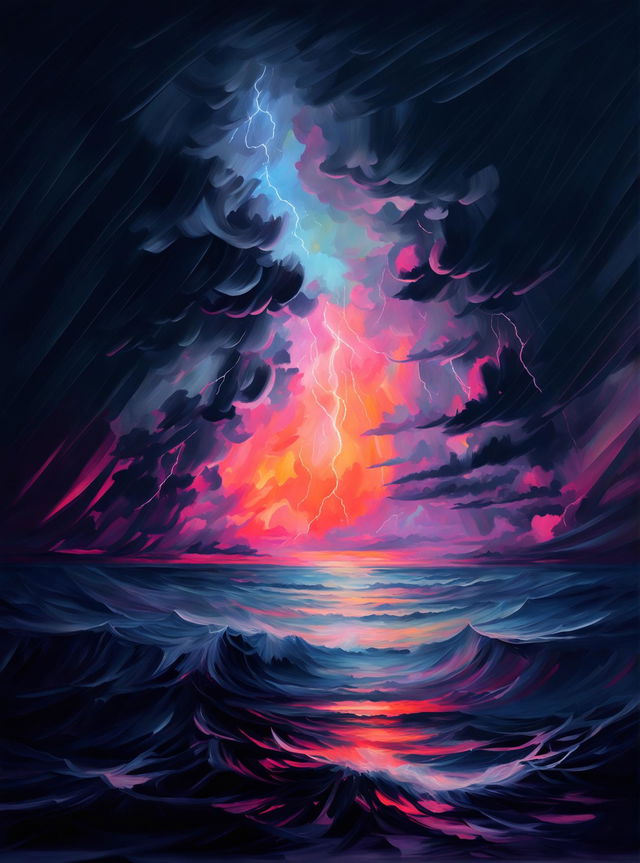 An impressionistic painting depicting a waterfall of lightning from stormy clouds, set against a sunset illuminating the clouds above an ocean horizon