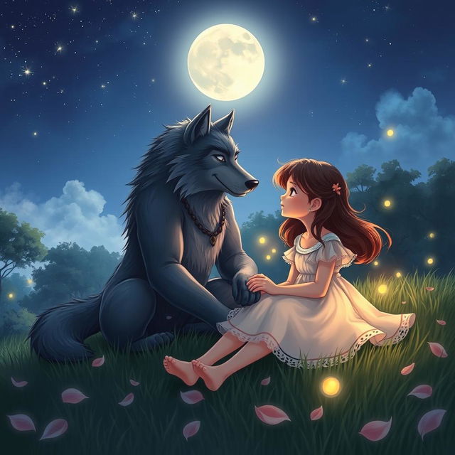 A heartwarming love story scene between a young girl and a handsome werewolf