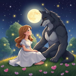 A heartwarming love story scene between a young girl and a handsome werewolf
