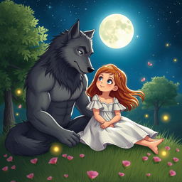 A heartwarming love story scene between a young girl and a handsome werewolf