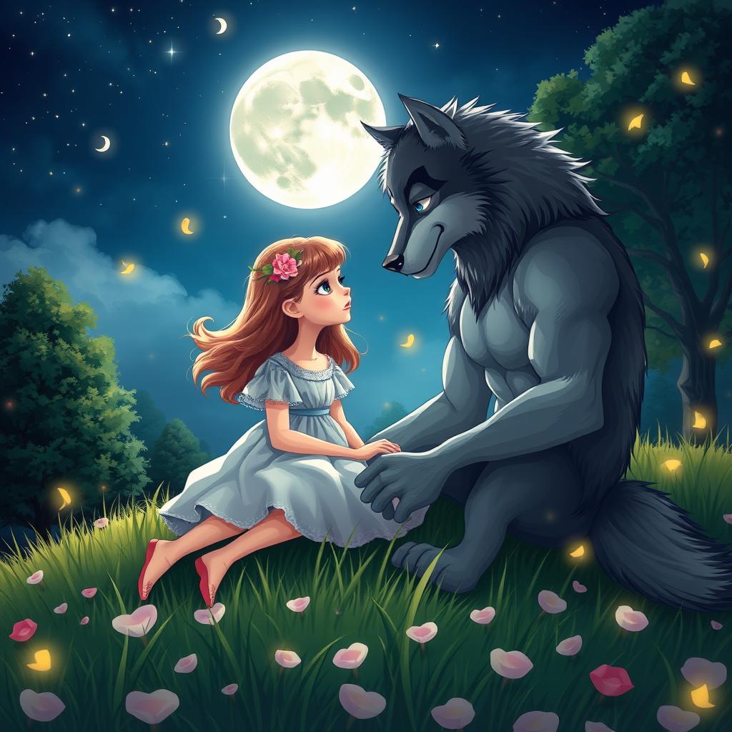 A heartwarming love story scene between a young girl and a handsome werewolf