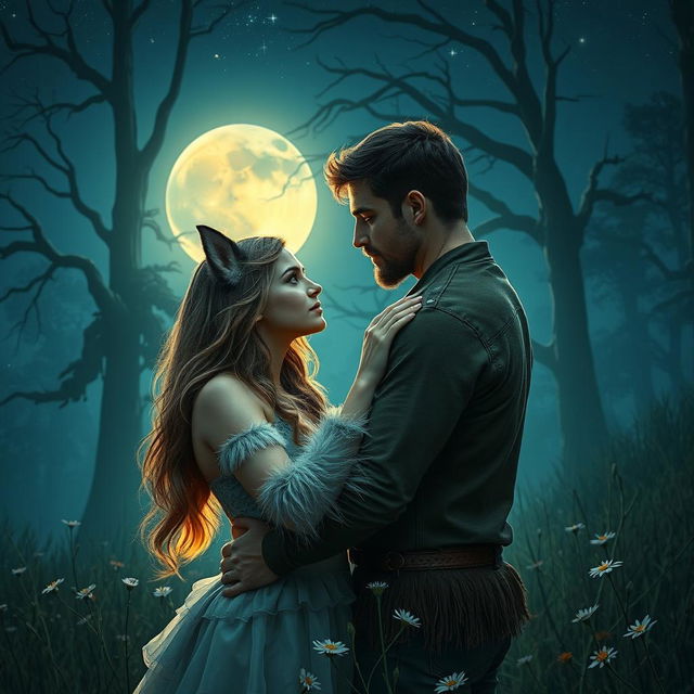 A captivating love story scene featuring a strong, beautiful woman who is a werewolf, set in a mystical landscape