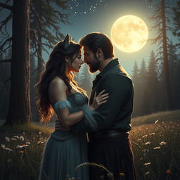 A captivating love story scene featuring a strong, beautiful woman who is a werewolf, set in a mystical landscape