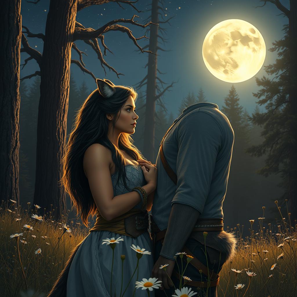 A captivating love story scene featuring a strong, beautiful woman who is a werewolf, set in a mystical landscape