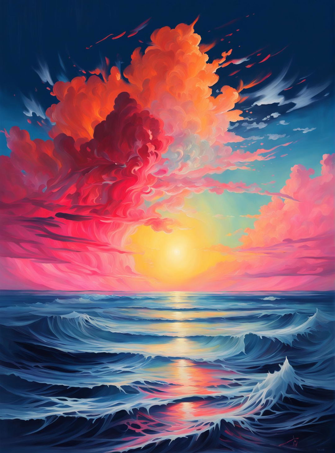 This is an impressionistic, fine art painting depicting a scene of liquid light trickling from the clouds into the ocean, with a sunset illuminating the horizon